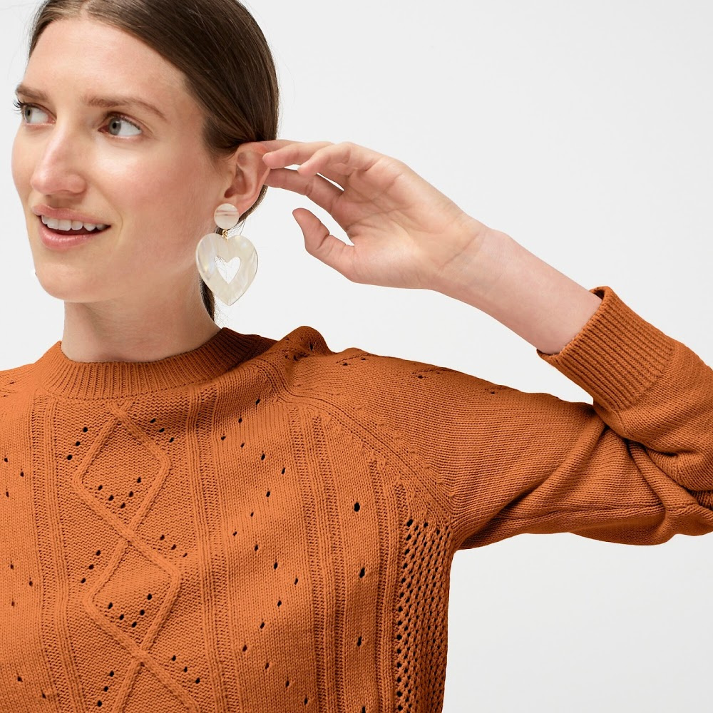 Fall trends spice tones. J.Crew crewneck sweater in Adobe. Details at une femme d'un certain age.