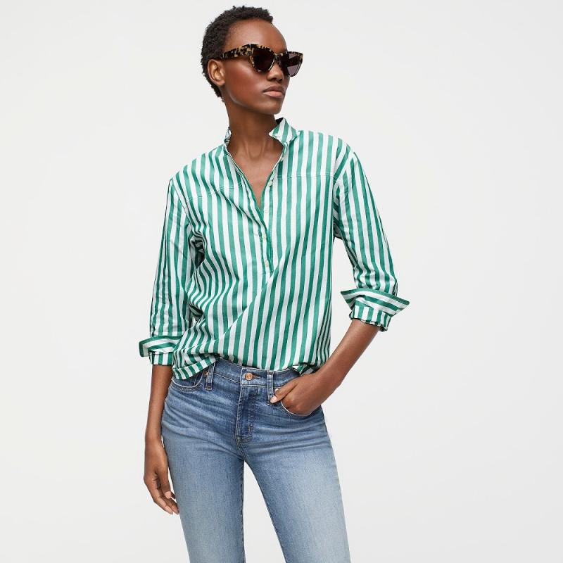 J.Crew band collar popover shirt in green stripe. Details at une femme d'un certain age.