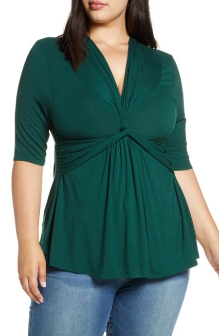 Kiyonna twist front top Plus size in Hunter Green. Details at une femme d'un certain age.