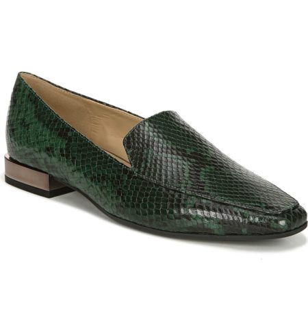 Naturalizer Clea loafer in green snakeprint. Details at une femme d'un certain age.