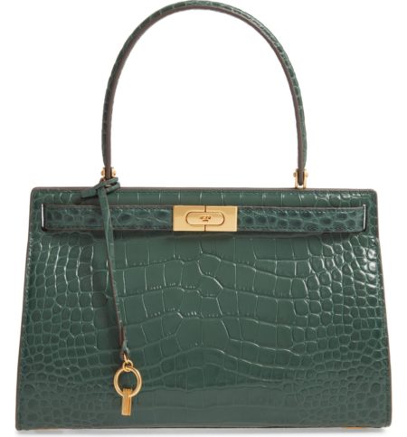 Tory Burch small Lee Radziwill satchel in green croc-embossed leather. Details at une femme d'un certain age.