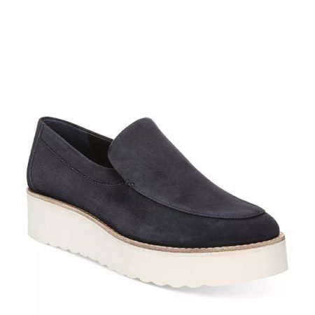 Vince Zeta platform loafer in Coastal (navy) suede. Details at une femme d'un certain age.