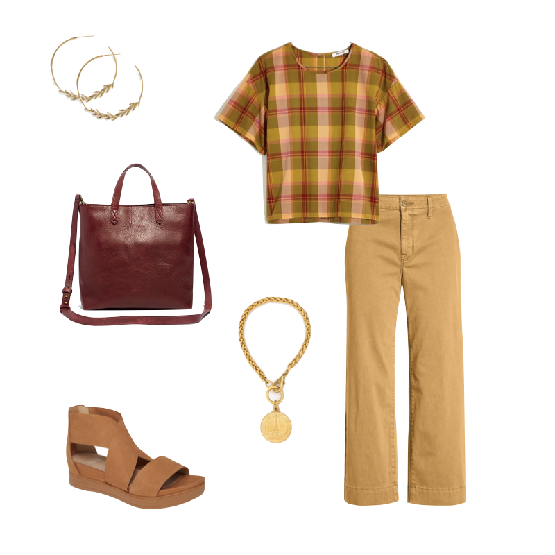 Summer to fall transition clothing: outfit with plaid top and wide leg pants. Details at une femme d'un certain age.