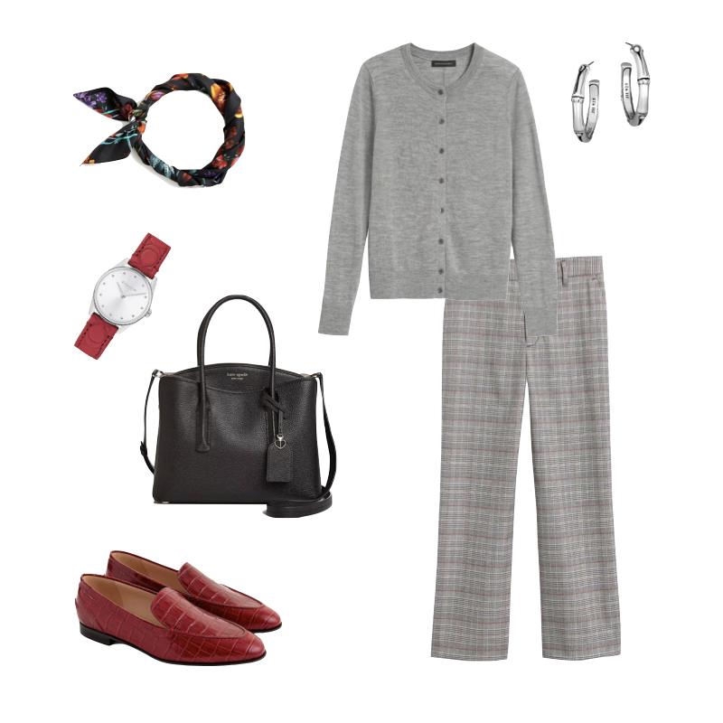Red shoes outfit idea: a cool-toned outfit with red loafers, plaid pants, grey cardigan and silver-toned jewelry. Details at une femme d'un certain age.