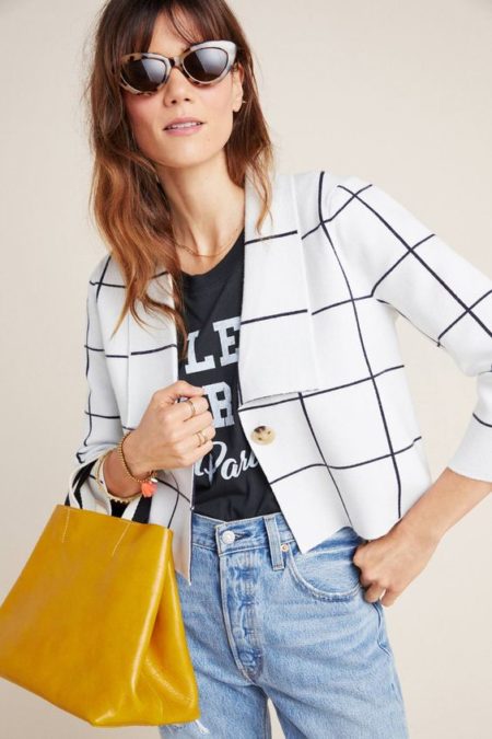 Anthropologie Mimi cropped sweater jacket in white, navy windowpane. Details at une femme d'un certain age.