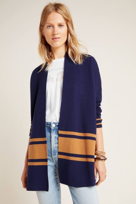 Anthropologie Pippa sweater coat in navy/tan. Details at une femme d'un certain age.