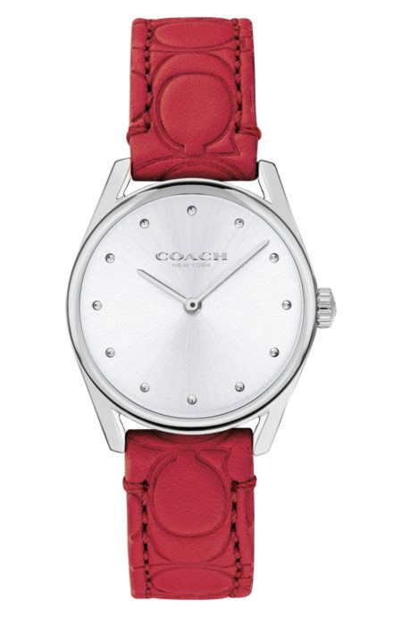 Coach silver watch with red leather strap. Details at une femme d'un certain age.