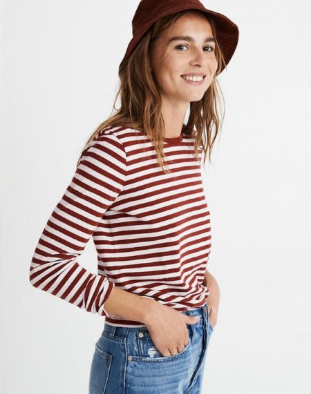 Madewell long-sleeve vintage striped cotton tee in Mahogany. Details at une femme d'un certain age.