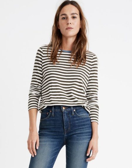 Madewell long-sleeve vintage striped tee, olive with blue. Details at une femme d'un certain age.