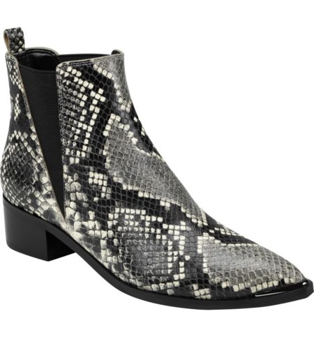 Marc Fisher Yale chelsea bootie in black and grey snake. Details at une femme d'un certain age.