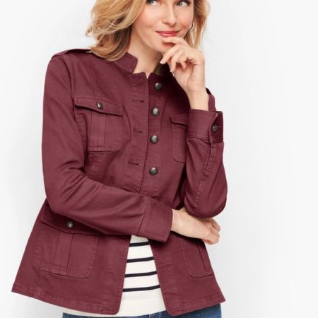 Talbots band collar jacket in burgundy. Details at une femme d'un certain age.