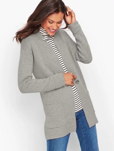 Talbot's sweater jacket in grey. Details at une femme d'un certain age.