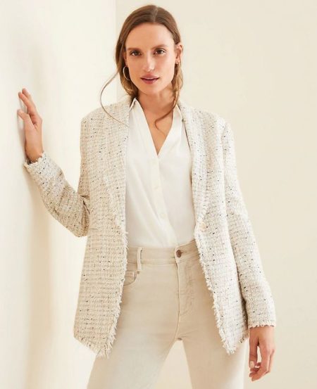 Ann Taylor long fringed tweed jacket with shawl collar. Details at une femme d'un certain age.