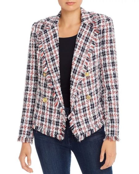 Aqua plaid double-breasted tweed blazer. Details and more women's tweed jackets at une femme d'un certain age.