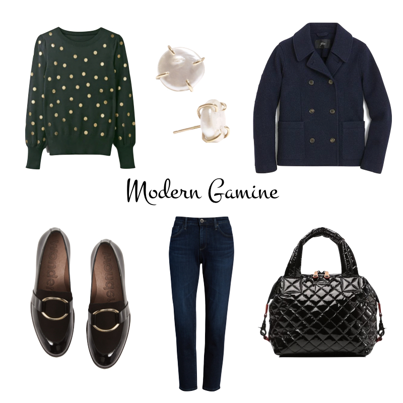 Gamine style: a cool-based outfit with polka dot sweater, peacoat, loafers, pearl stud earrings and quilted patent bag. Details at une femme d'un certain age.