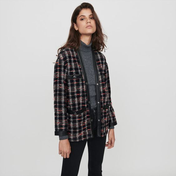 Womens Plaid Jacket Fashion Plaid Print Long Tweed Jacket Women