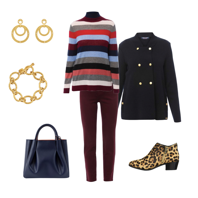 Thanksgiving outfit idea with striped sweater, burgundy pants, gold jewelry and leopard booties. Details at une femme d'un certain age