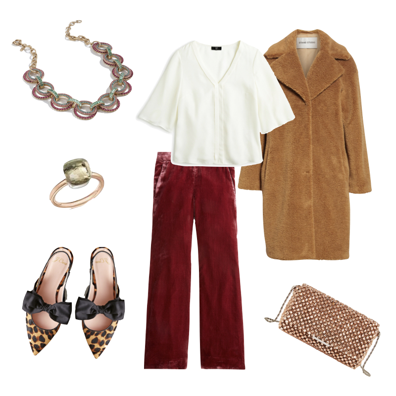 Holiday Party Outfit Idea with velvet pants and leopard print shoes. Details at une femme d'un certain age.