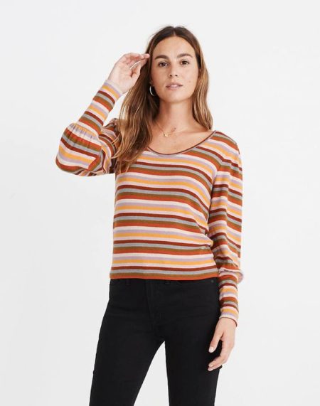 Madewell scoopneck stripe sweater with puff sleeves. Details at une femme d'un certain age.