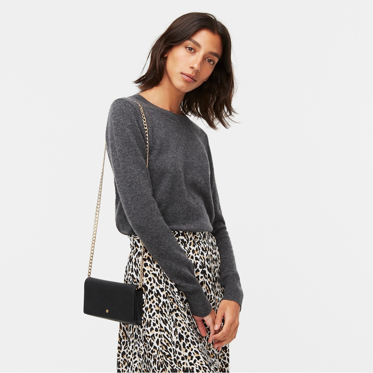 J.Crew everyday cashmere crewneck sweater charcoal heather and leopard print skirt. Details at une femme d'un certain age.