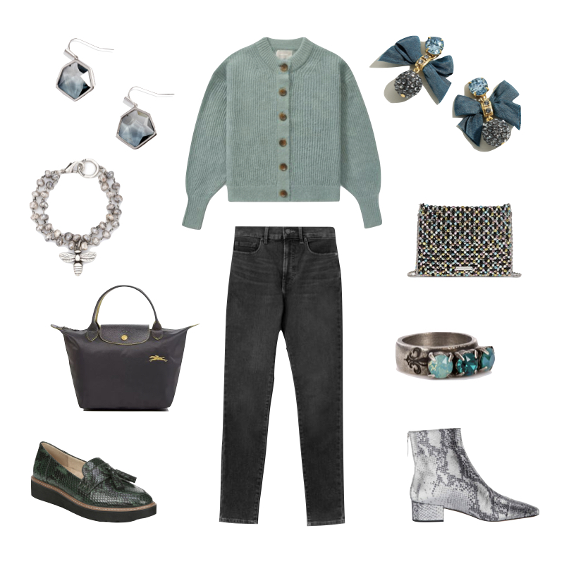 Elevated Basics: A textured cardigan and jeans outfit creates two simple chic looks with a change of accessories. Details at une femme d'un certain age.