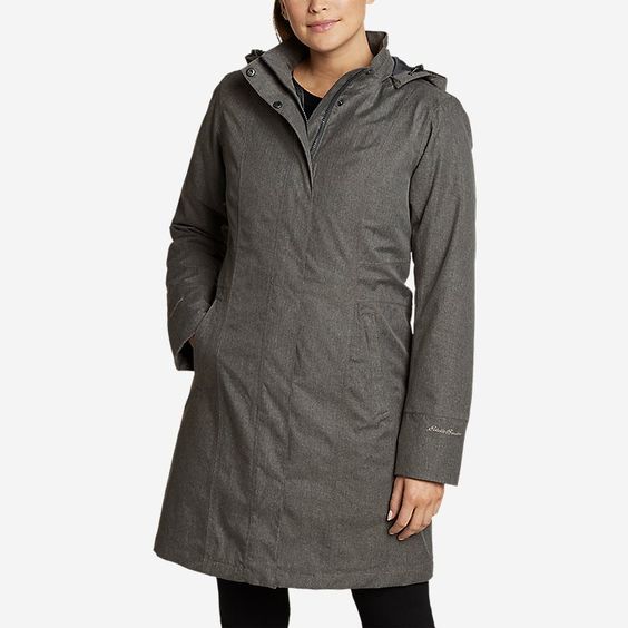 Eddie Bauer Girl On The Go Trench in charcoal. Details at une femme d'un certain age.