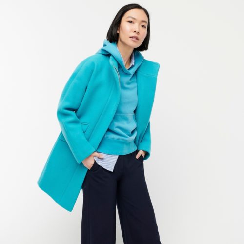 J.Crew cocoon coat in aqua. Details at une femme d'un certain age.