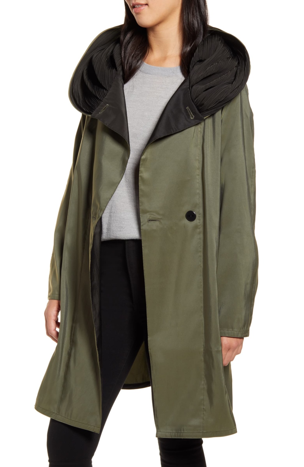 Mycra Pac reversible travel raincoat in olive. Details at une femme d'un certain age.