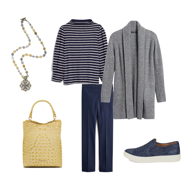 Navy pants outfit with cool tones. Details at more tips to help transition your wardrobe at une femme d'un certain age.