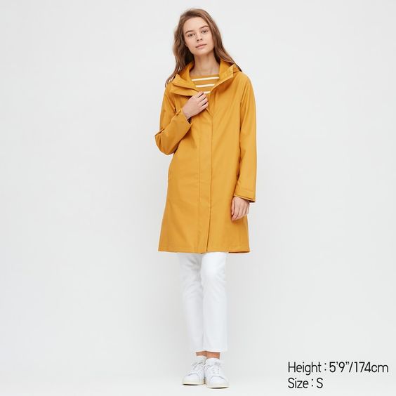 Uniqlo Blocktech raincoat in yellow. Details at une femme d'un certain age.