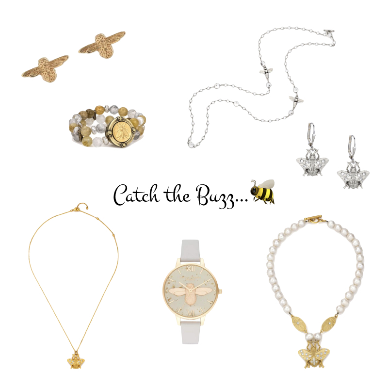 Gold and silver bee jewelry: earrings, necklaces, watch, bracelet. Details at une femme d'un certain age.