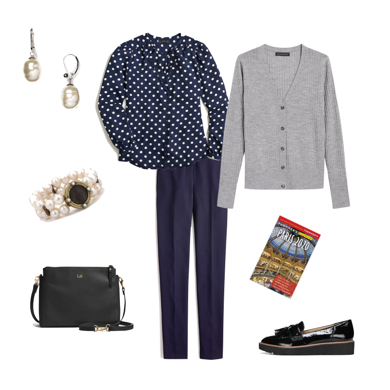 Travel outfit for Spring using pieces from navy 12-piece travel wardrobe capsule. Details at une femme d'un certain age.