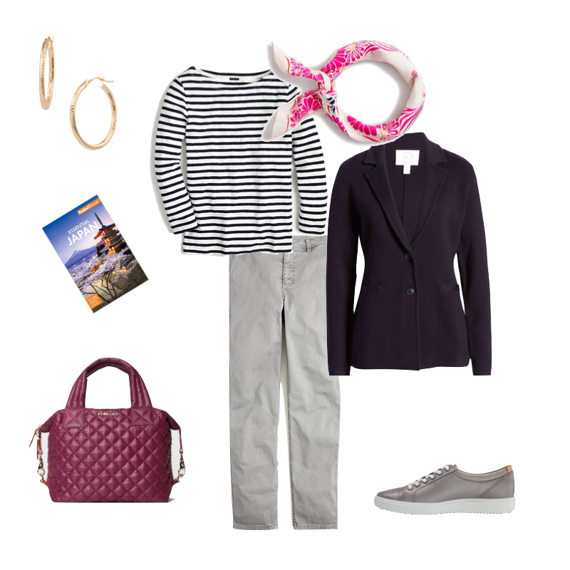 Spring travel outfit from navy 12-piece capsule. Details at une femme d'un certain age.