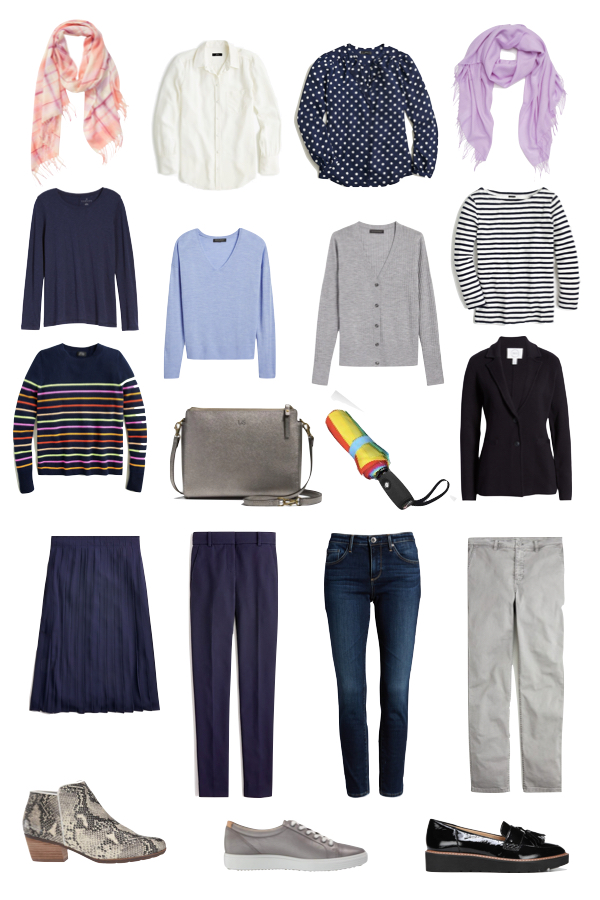 12-piece travel wardrobe capsule based on navy and grey. Details at une femme d'un certain age.