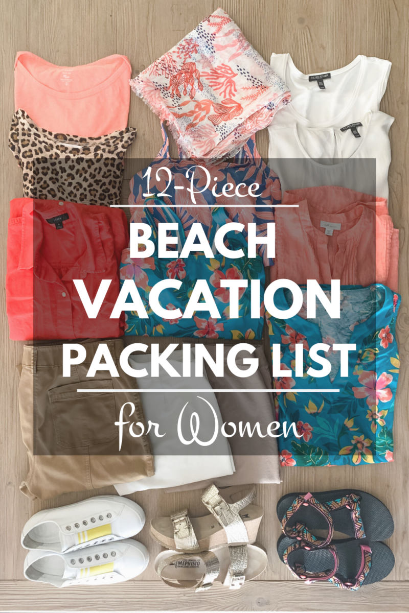 A 12-piece beach vacation packing list for women. Details at une femme d'un certain age.