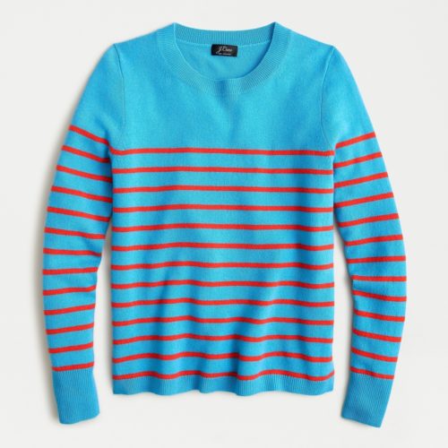 J.Crew crewneck striped cashmere sweater. Details and more colorful sweaters at une femme d'un certain age.