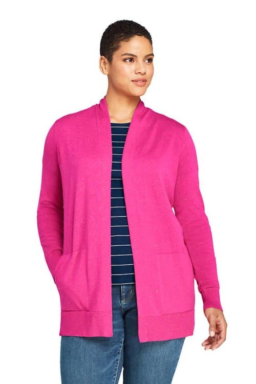Lands End cotton cardigan in bright pink. Details and more wear at home clothes at une femme d'un certain age.