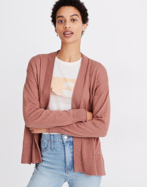 Madewell cotton blend cardigan in soft rose. Details at une femme d'un certain age.