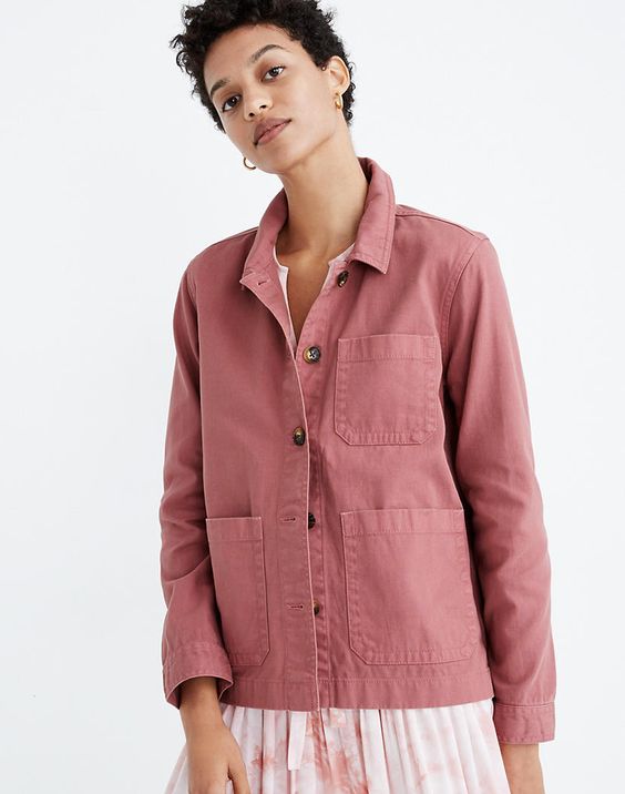 Madewell chore jacket in pink. Details and more casual jackets at une femme d'un certain age.