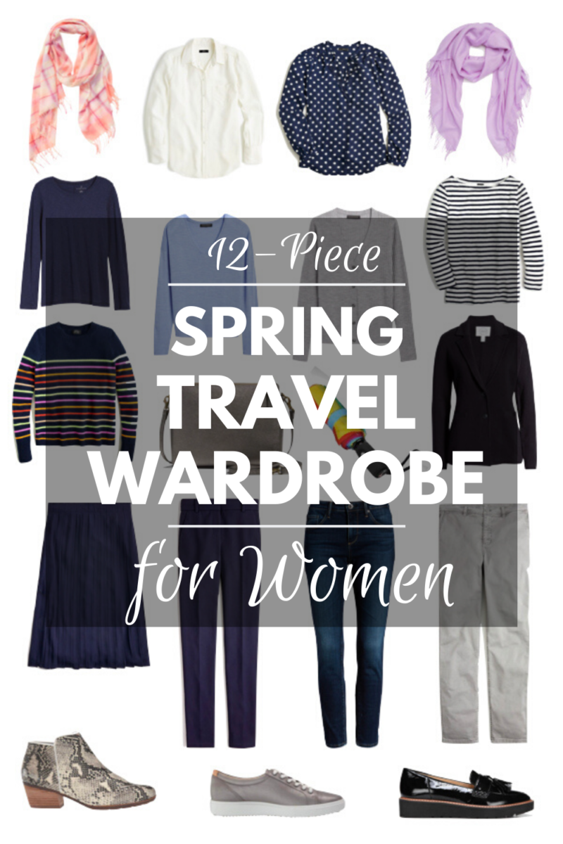 12-piece Spring travel wardrobe capsule based on navy and grey. Details at une femme d'un certain age.