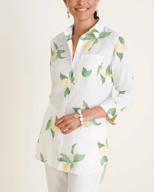 Chico's lemon print linen shirt. Details and more summer clothing on sale at une femme d'un certain age.