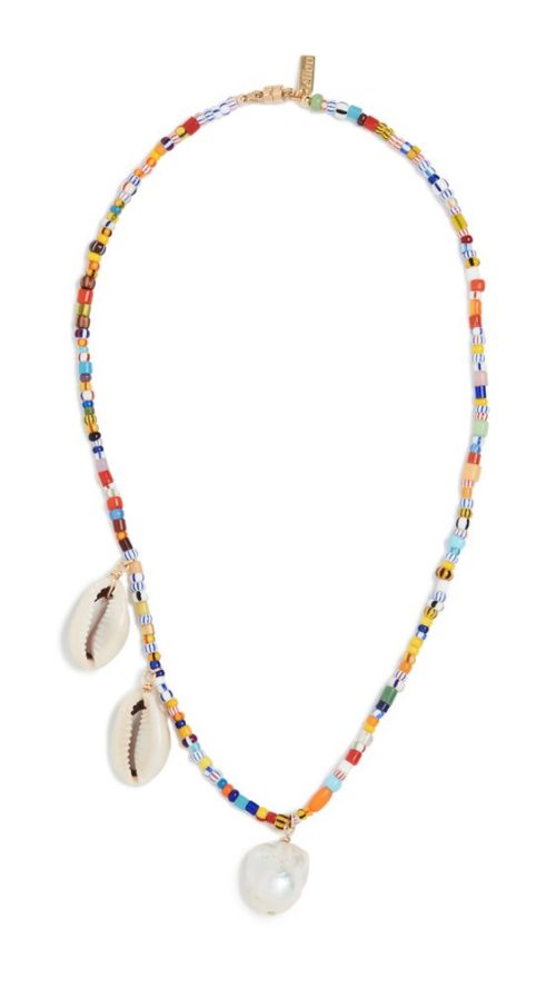Eliou Paxi shell pearl bead necklace. Details at une femme d'un certain age.