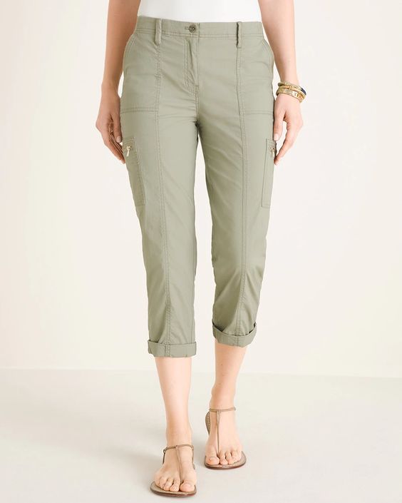 Chico's cargo crop pants in Sage. Details at une femme d'un certain age.