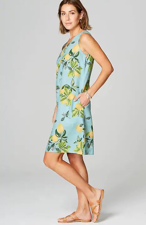 J.Jill linen A-line dress in lemon print. Details and more summer clothes on sale at une femme d'un certain age.