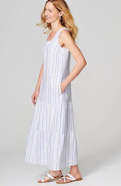 J.Jill striped tiered linen maxi dress. Details at une femme d'un certain age.