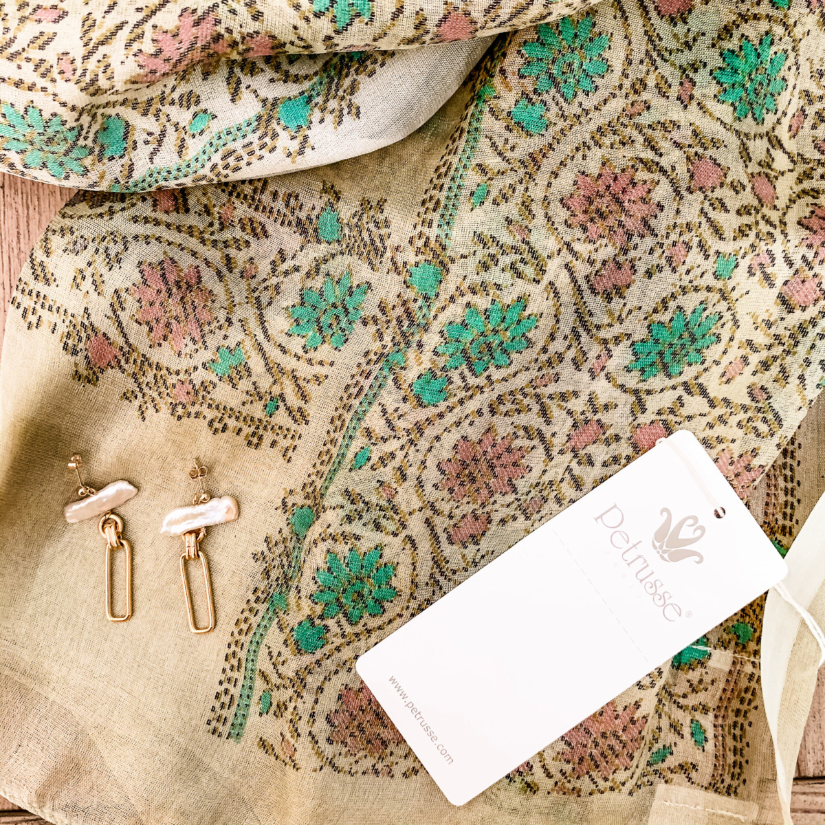 French gifts: scarf from Petrusse, pearl earrings from Gisel B. Details at une femme d'un certain age.