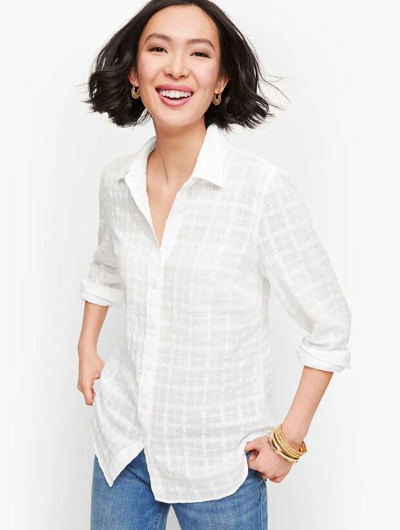 Talbot's classic cotton shirt with woven plaid texture. Details and more summer clothing on sale at une femme d'un certain age.