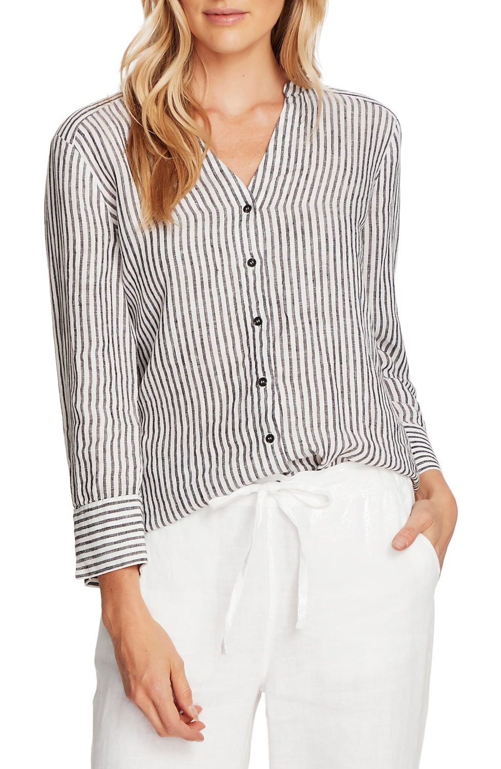 Vince Camuto stripe linen v-neck blouse. Details and more summer clothing on sale at une femme d'un certain age.