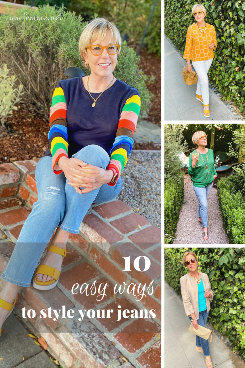 10 easy outfit ideas for light wash jeans and white jeans. Details at une femme d'un certain age.