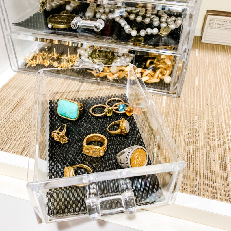 Detail: jewelry storage. The small drawers in this jewelry organizer hold smaller pieces like earrings and rings. Info at une femme d'un certain age.